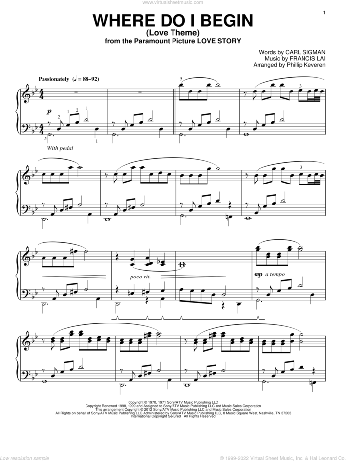 Where Do I Begin (Love Theme) (arr. Phillip Keveren) sheet music for piano solo by Francis Lai, Phillip Keveren, Andy Williams and Carl Sigman, intermediate skill level