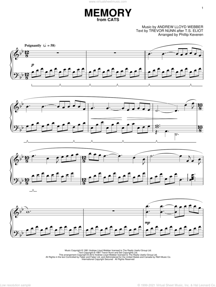 Memory (from Cats) (arr. Phillip Keveren) sheet music for piano solo by Andrew Lloyd Webber, Phillip Keveren and Cats (Musical), intermediate skill level