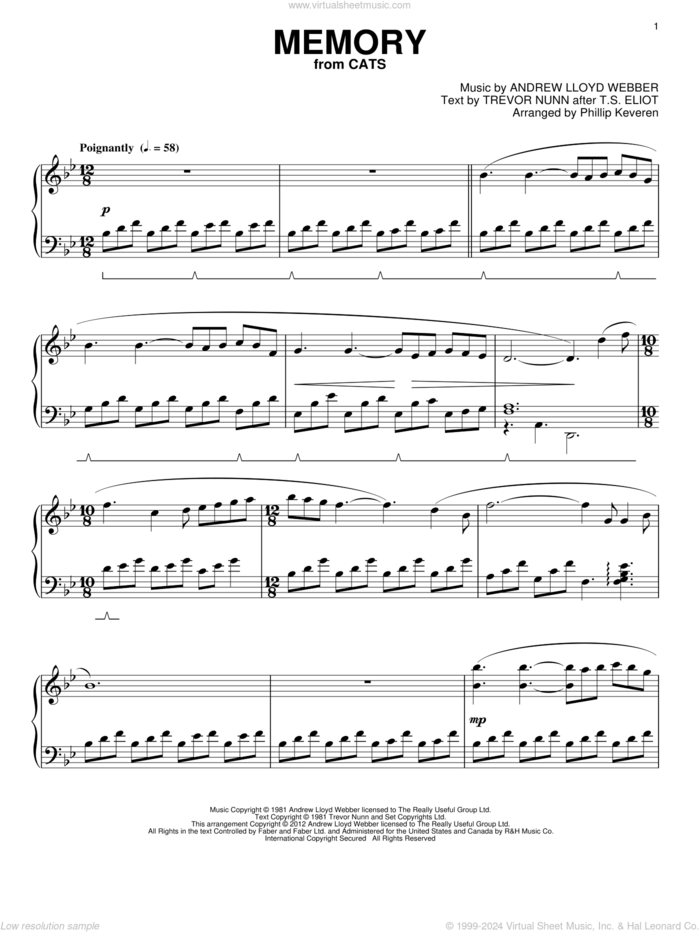 Memory (from Cats) (arr. Phillip Keveren) sheet music for piano solo by Andrew Lloyd Webber, Phillip Keveren and Cats (Musical), intermediate skill level