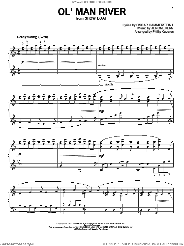 Ol' Man River (arr. Phillip Keveren) sheet music for piano solo by Jerome Kern, Phillip Keveren, Show Boat (Musical) and Oscar II Hammerstein, intermediate skill level