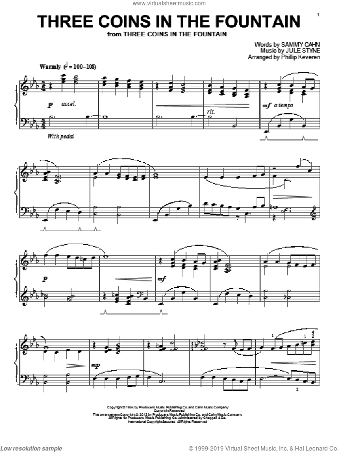 Three Coins In The Fountain (arr. Phillip Keveren) sheet music for piano solo by Frank Sinatra, Phillip Keveren, Jule Styne and Sammy Cahn, intermediate skill level
