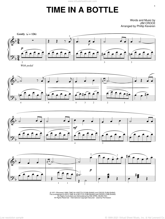 Time In A Bottle (arr. Phillip Keveren), (intermediate) sheet music for piano solo by Jim Croce and Phillip Keveren, intermediate skill level