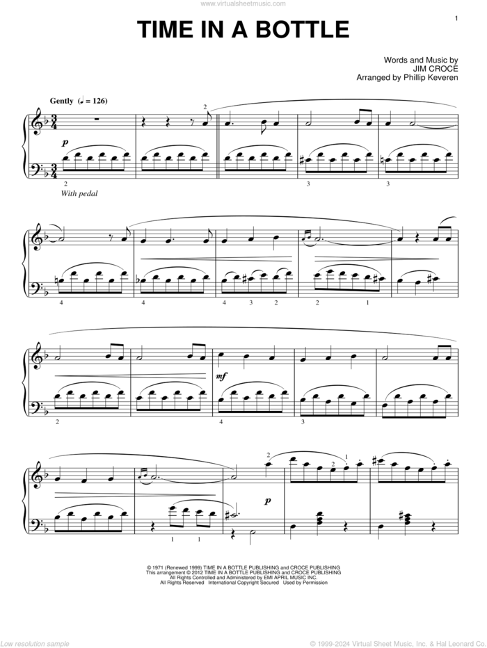 Time In A Bottle (arr. Phillip Keveren), (intermediate) sheet music for piano solo by Jim Croce and Phillip Keveren, intermediate skill level