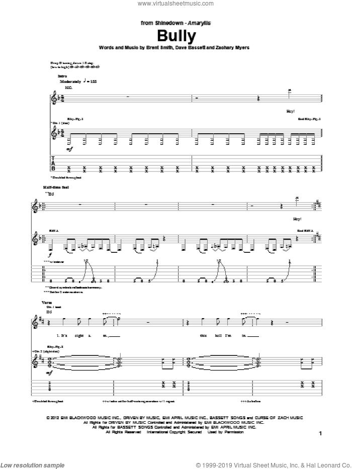 Bully sheet music for guitar (tablature) by Shinedown, Brent Smith, Dave Bassett and Zachary Myers, intermediate skill level