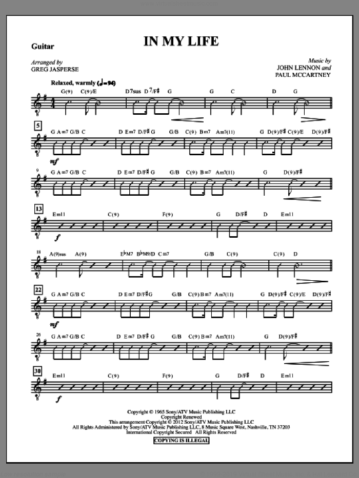 In My Life (complete set of parts) sheet music for orchestra/band (Rhythm) by Paul McCartney, John Lennon, Greg Jasperse and The Beatles, wedding score, intermediate skill level
