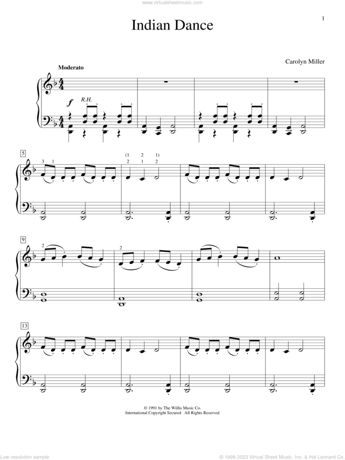 Indian Dance sheet music for piano solo (elementary) by Carolyn Miller, beginner piano (elementary)
