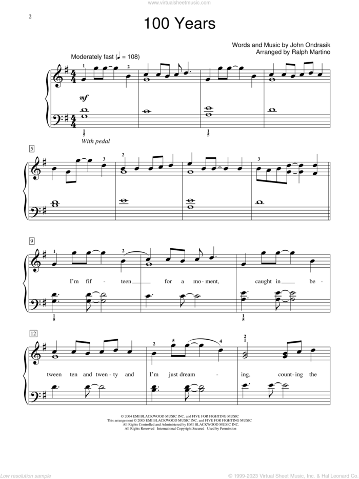 100 Years sheet music for piano solo (elementary) by Five For Fighting, Miscellaneous and John Ondrasik, beginner piano (elementary)