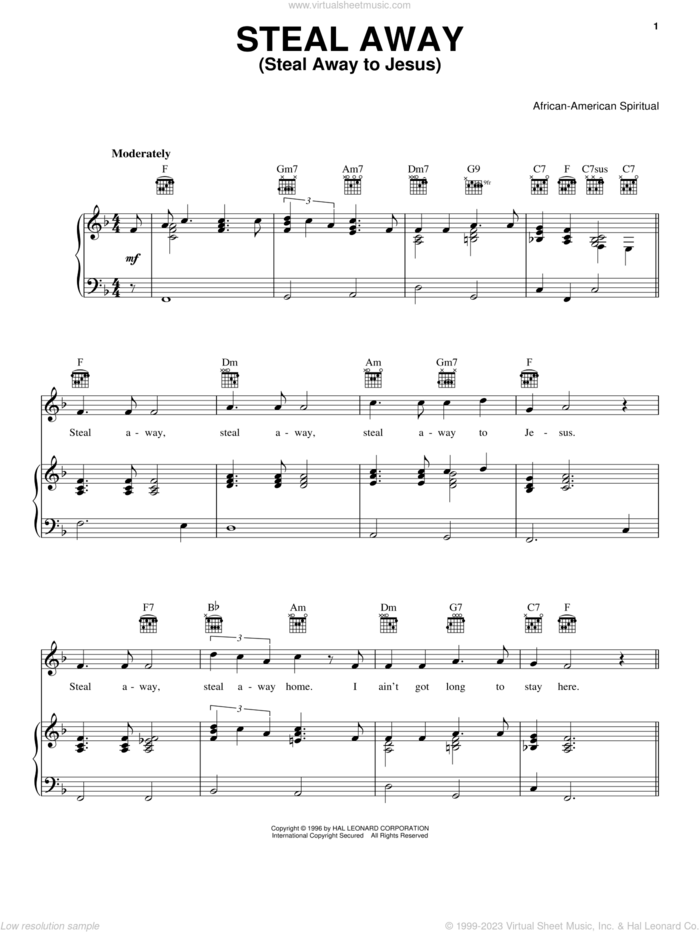 Steal Away (Steal Away To Jesus) sheet music for voice, piano or guitar, intermediate skill level
