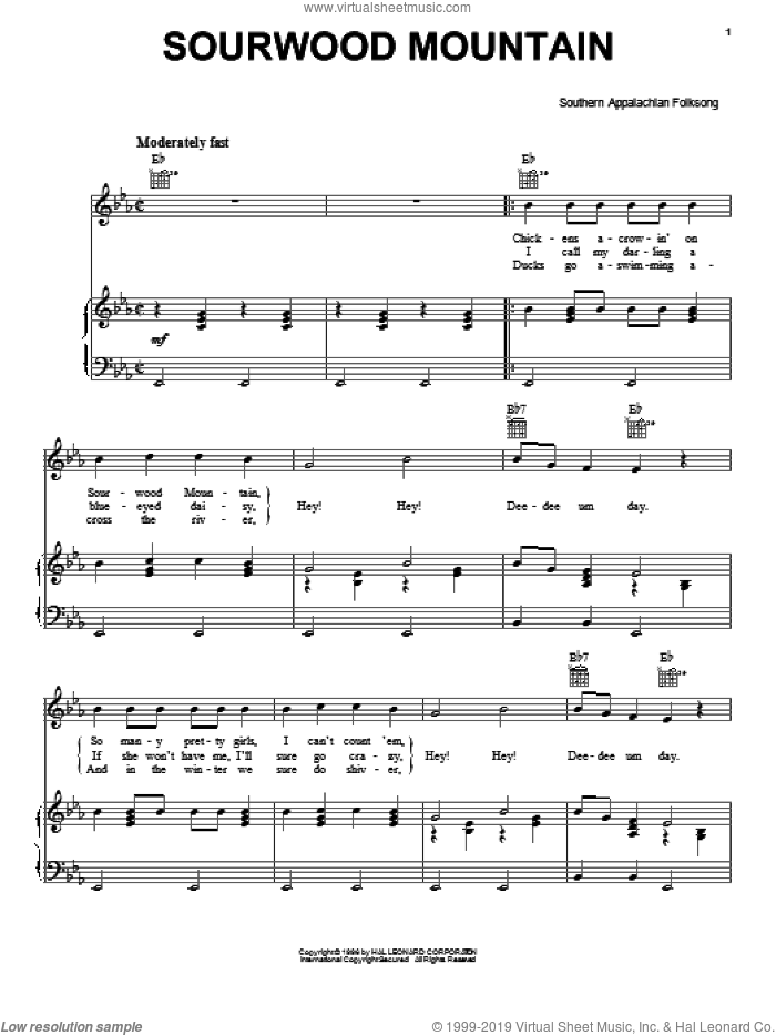 Sourwood Mountain sheet music for voice, piano or guitar, intermediate skill level