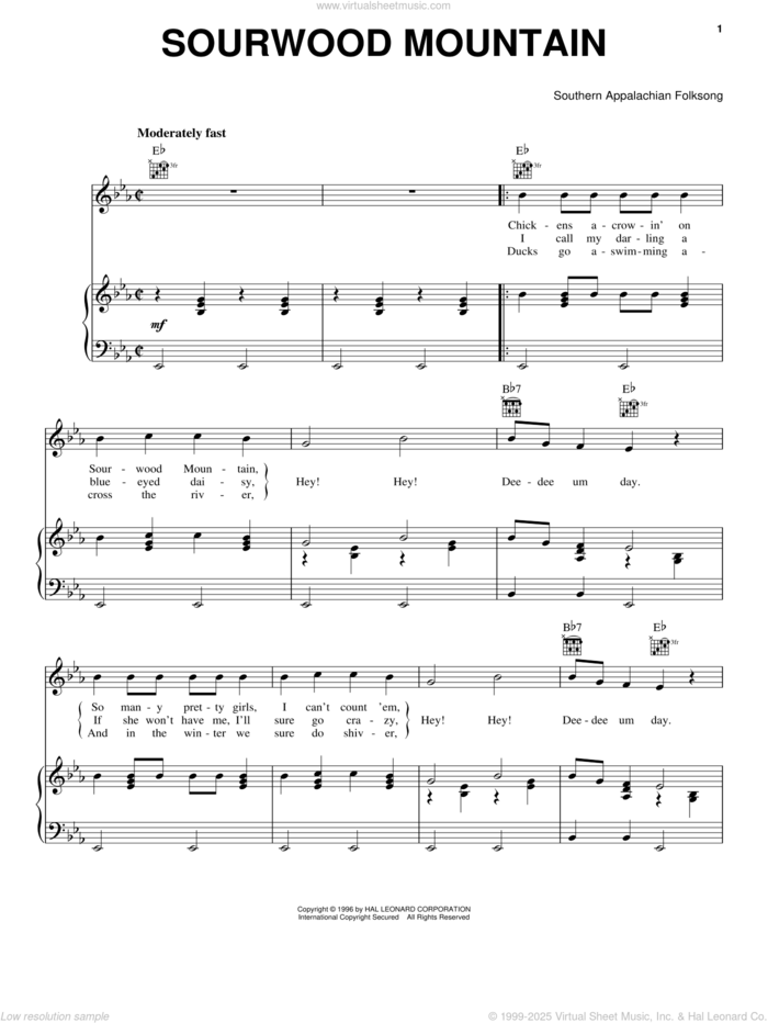 Sourwood Mountain sheet music for voice, piano or guitar, intermediate skill level