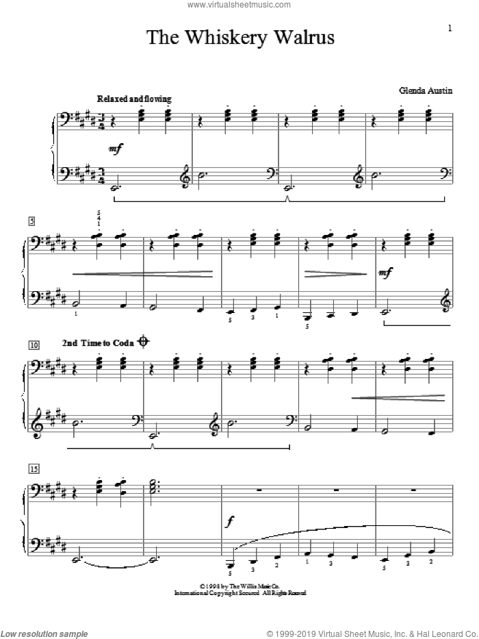 The Whiskery Walrus sheet music for piano solo (elementary) by Glenda Austin, beginner piano (elementary)