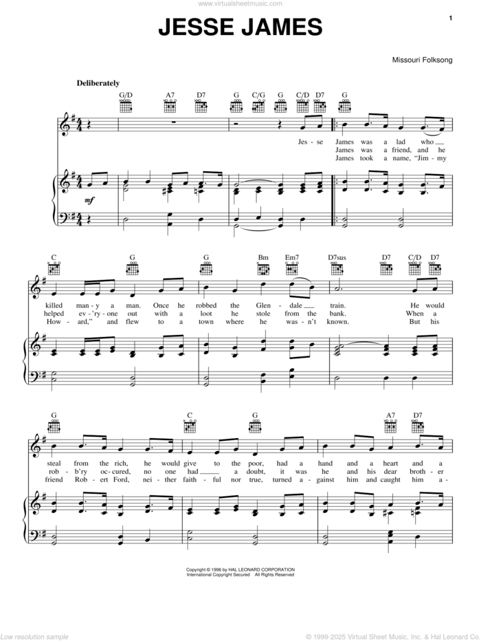 Jesse James sheet music for voice, piano or guitar by Missouri Folksong and Miscellaneous, intermediate skill level