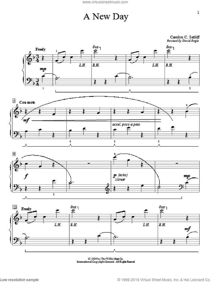 A New Day sheet music for piano solo (elementary) by Carolyn C. Setliff and David Engle, beginner piano (elementary)