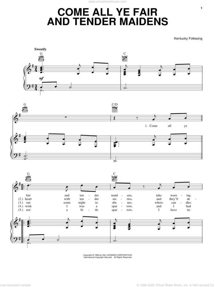 Come All Ye Fair And Tender Maidens sheet music for voice, piano or guitar by Kentucky Folksong, intermediate skill level