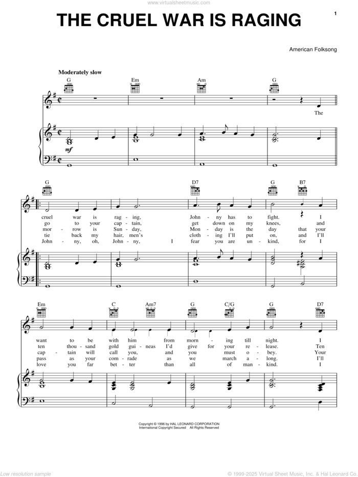 The Cruel War Is Raging sheet music for voice, piano or guitar, intermediate skill level