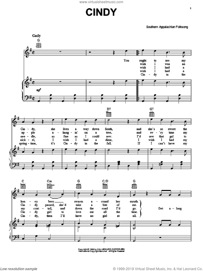 Cindy sheet music for voice, piano or guitar, intermediate skill level