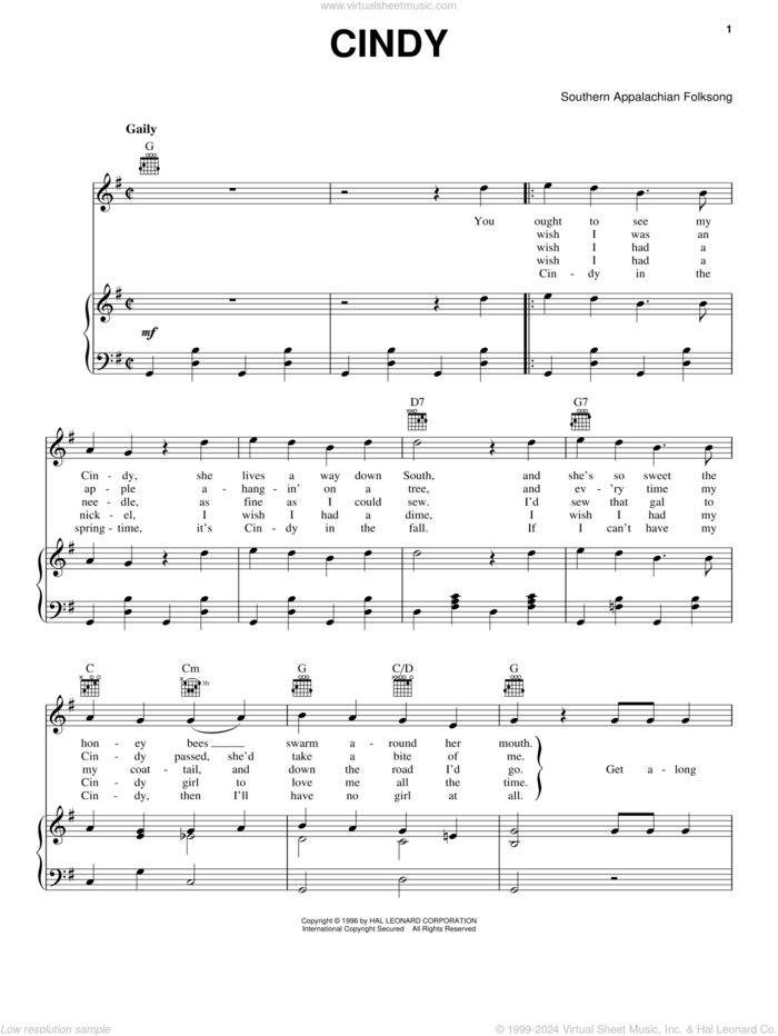 Cindy sheet music for voice, piano or guitar, intermediate skill level