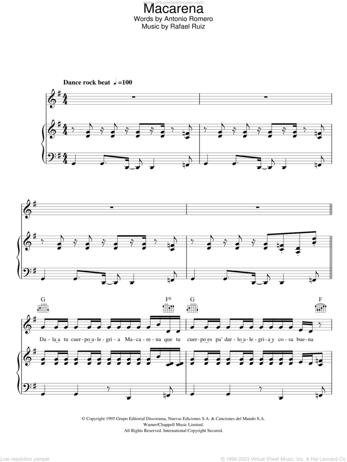 Macarena sheet music for voice, piano or guitar by Los Del Rio, Antonio Romero and Rafael Ruiz, intermediate skill level