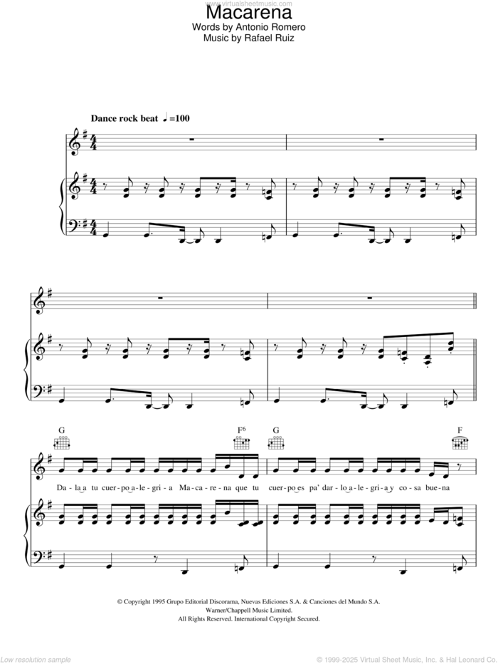 Macarena sheet music for voice, piano or guitar by Los Del Rio, Antonio Romero and Rafael Ruiz, intermediate skill level