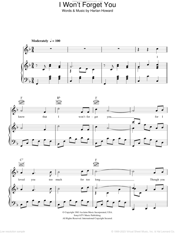 I Won't Forget You sheet music for voice, piano or guitar by Jim Reeves and Harlan Howard, intermediate skill level