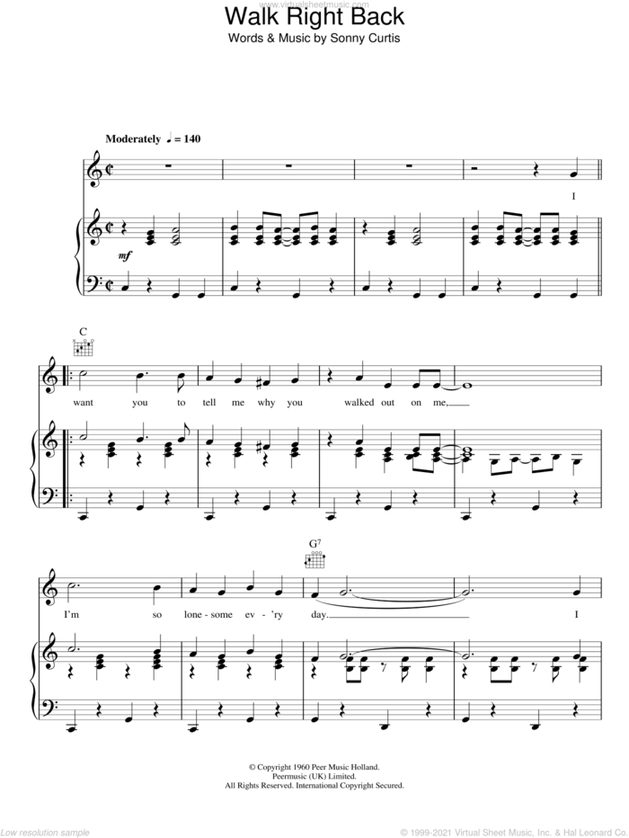 Walk Right Back sheet music for voice, piano or guitar by Everly Brothers and Sonny Curtis, intermediate skill level