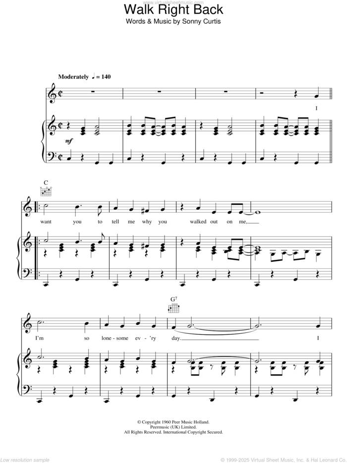 Walk Right Back sheet music for voice, piano or guitar by Everly Brothers and Sonny Curtis, intermediate skill level