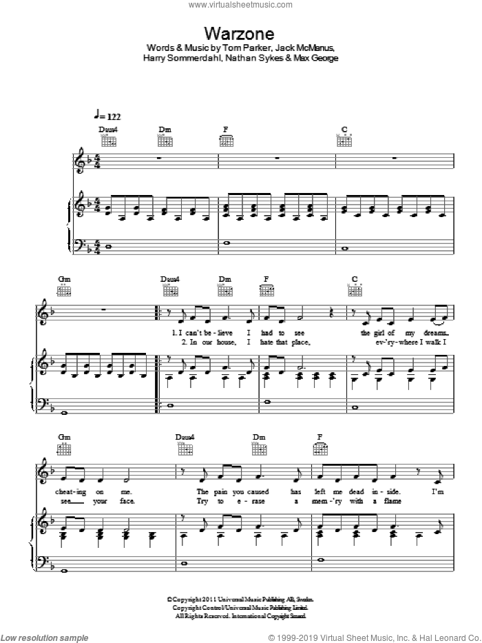 Warzone sheet music for voice, piano or guitar by The Wanted, Harry Sommerdahl, Jack McManus, Max George, Nathan Sykes and Tom Parker, intermediate skill level