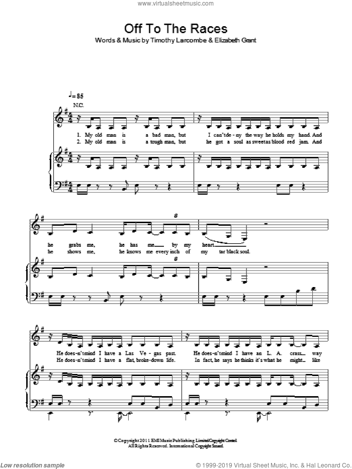 Off To The Races sheet music for voice, piano or guitar by Lana Del Rey, Elizabeth Grant and Timothy Larcombe, intermediate skill level