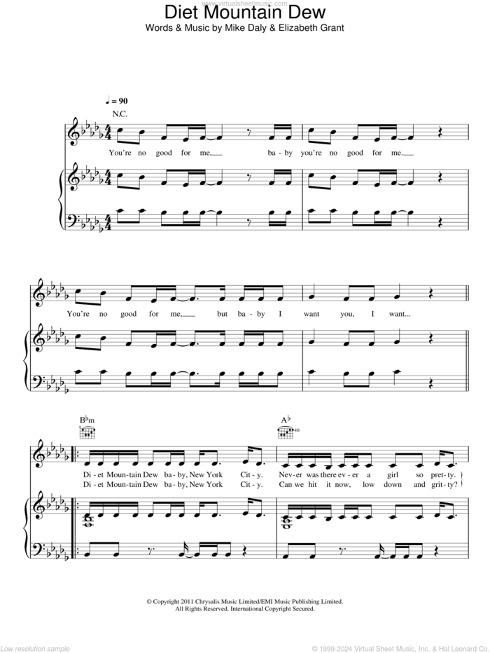 Diet Mountain Dew sheet music for voice, piano or guitar by Lana Del Rey, Elizabeth Grant and Mike Daly, intermediate skill level
