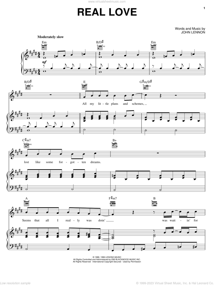 Real Love sheet music for voice, piano or guitar by The Beatles and John Lennon, intermediate skill level