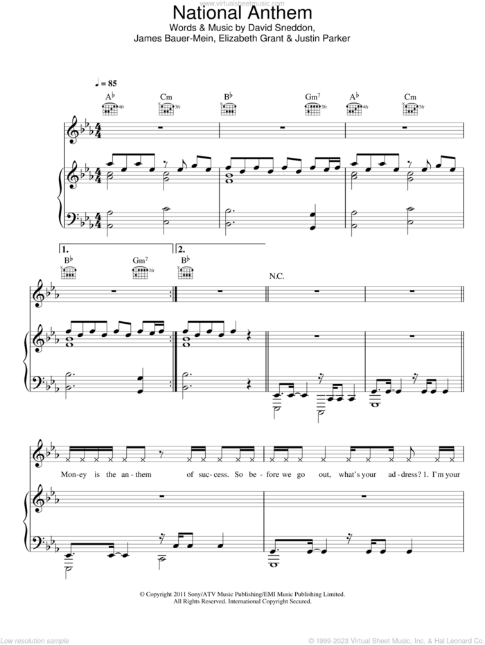 National Anthem sheet music for voice, piano or guitar by Lana Del Rey, David Sneddon, Elizabeth Grant, James Bauer-Mein and Justin Parker, intermediate skill level