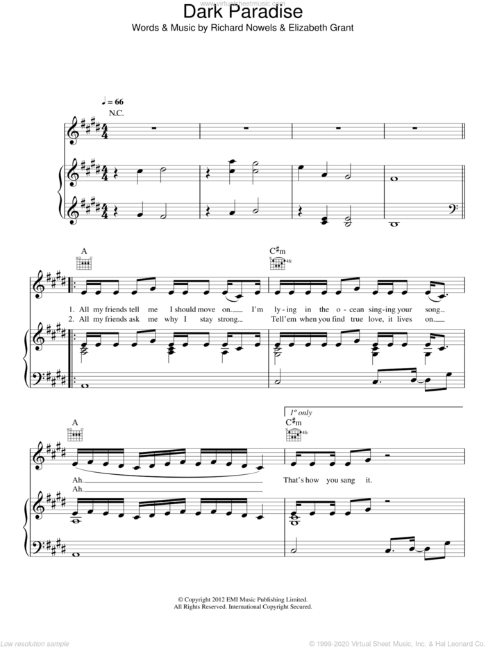 Dark Paradise sheet music for voice, piano or guitar by Lana Del Rey, Elizabeth Grant and Rick Nowels, intermediate skill level