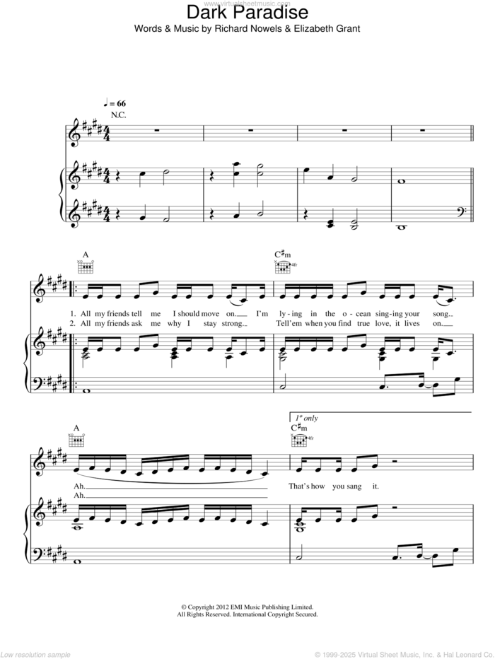 Dark Paradise sheet music for voice, piano or guitar by Lana Del Rey, Elizabeth Grant and Rick Nowels, intermediate skill level