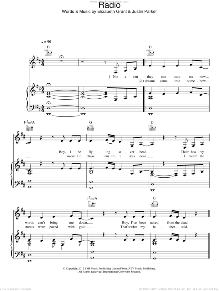 Radio sheet music for voice, piano or guitar by Lana Del Rey, Elizabeth Grant and Justin Parker, intermediate skill level