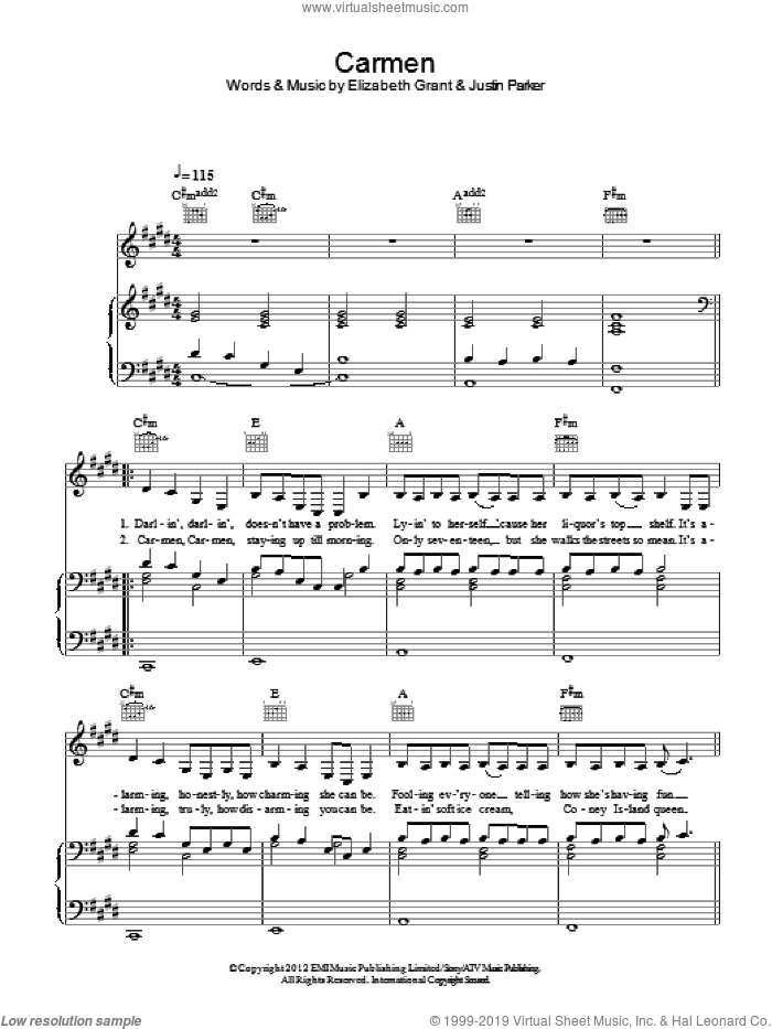 Carmen sheet music for voice, piano or guitar by Lana Del Rey, Elizabeth Grant and Justin Parker, intermediate skill level