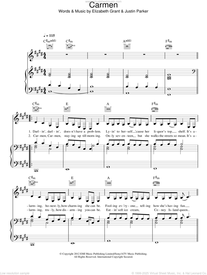 Carmen sheet music for voice, piano or guitar by Lana Del Rey, Elizabeth Grant and Justin Parker, intermediate skill level