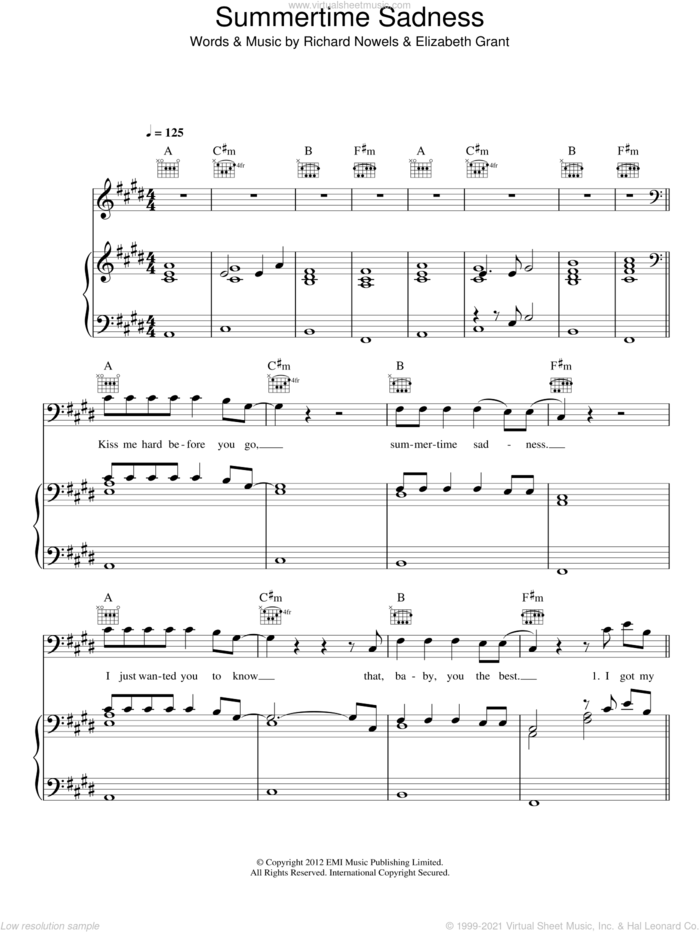 Summertime Sadness sheet music for voice, piano or guitar by Lana Del Rey, Elizabeth Grant and Rick Nowels, intermediate skill level