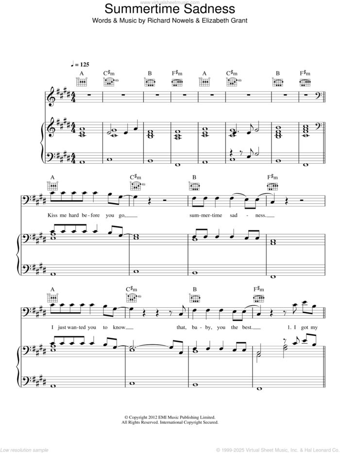 Summertime Sadness sheet music for voice, piano or guitar by Lana Del Rey, Elizabeth Grant and Rick Nowels, intermediate skill level