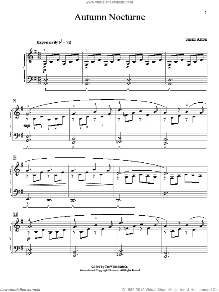 Autumn Nocturne sheet music for piano solo (elementary) by Susan Alcon, beginner piano (elementary)