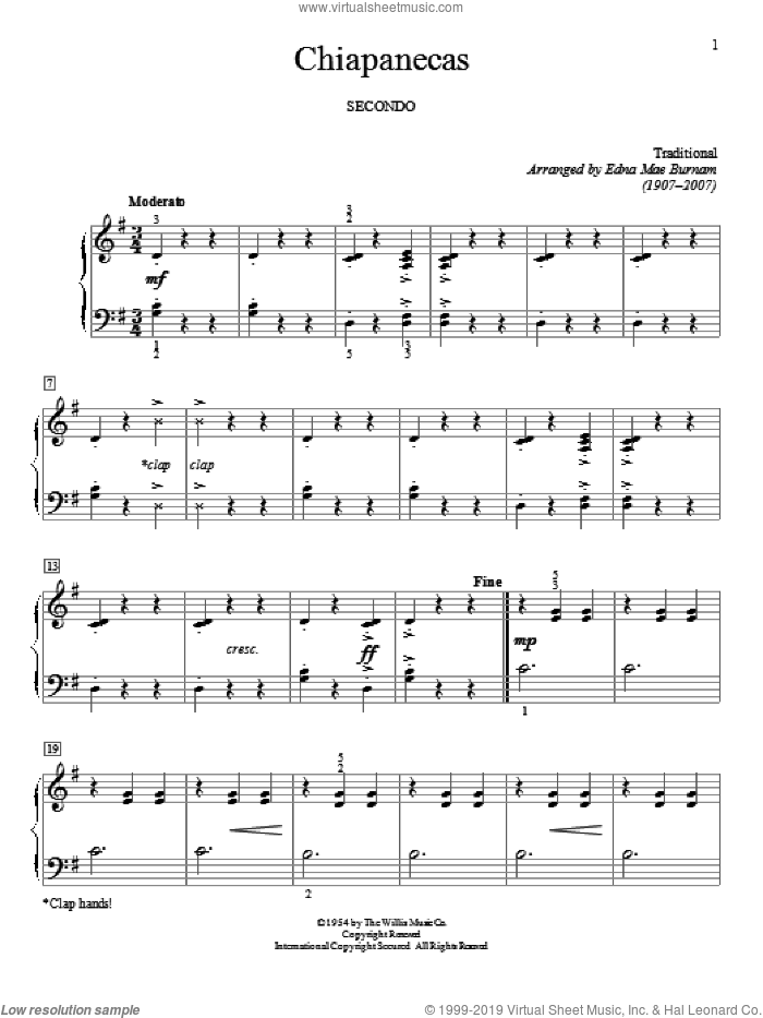 Chiapanecas sheet music for piano four hands by Edna Mae Burnam, intermediate skill level
