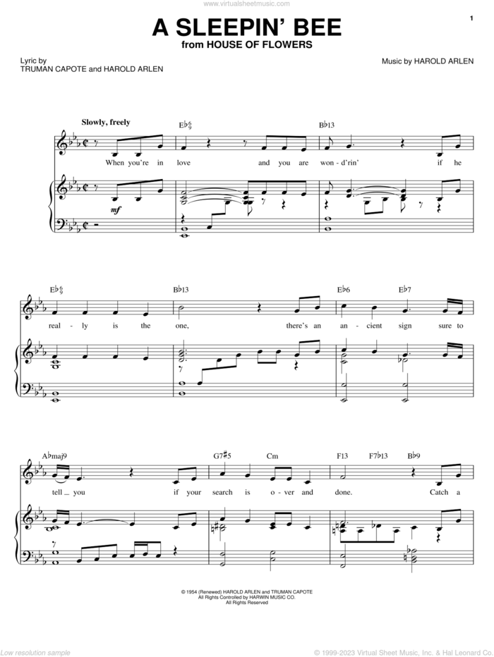A Sleepin' Bee sheet music for voice, piano or guitar by Barbra Streisand, Harold Arlen and Truman Capote, intermediate skill level