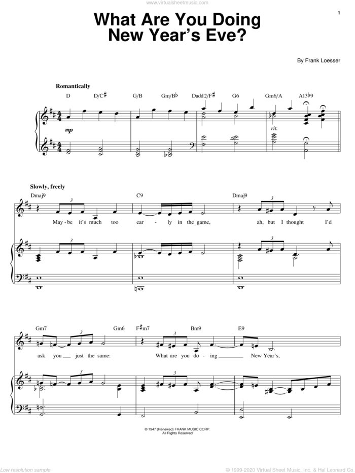 What Are You Doing New Year's Eve? sheet music for voice, piano or guitar by Barbra Streisand and Frank Loesser, intermediate skill level