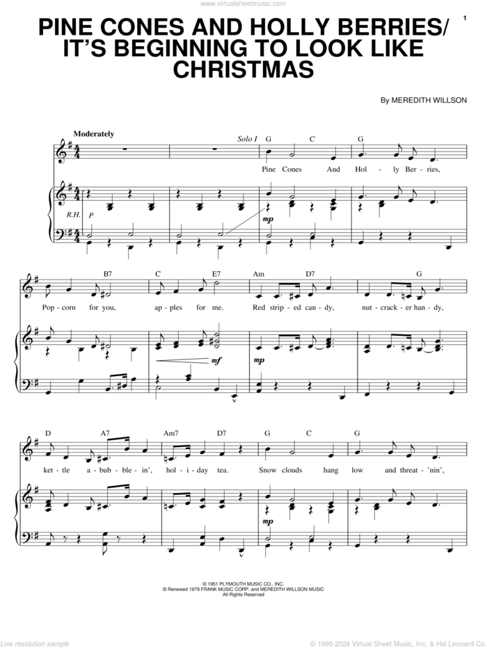 Pine Cones And Holly Berries/It's Beginning To Look Like Christmas sheet music for voice and piano by Meredith Willson, intermediate skill level