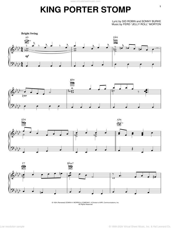 King Porter Stomp sheet music for piano solo by Jelly Roll Morton, Benny Goodman, Count Basie, Fletcher Henderson, Glenn Miller, Harry James, Ferd 'Jelly Roll' Morton, Sid Robin and Sonny Burke, intermediate skill level