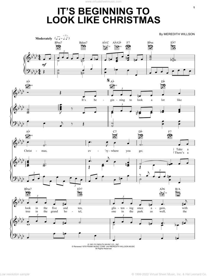 It's Beginning To Look Like Christmas sheet music for voice, piano or guitar by Meredith Willson, intermediate skill level