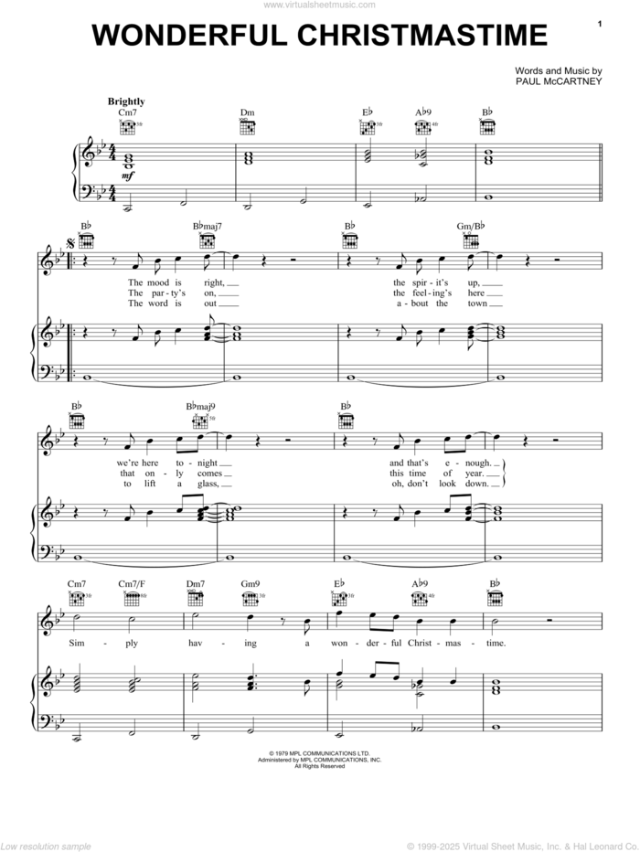 Wonderful Christmastime sheet music for voice, piano or guitar by Paul McCartney, intermediate skill level