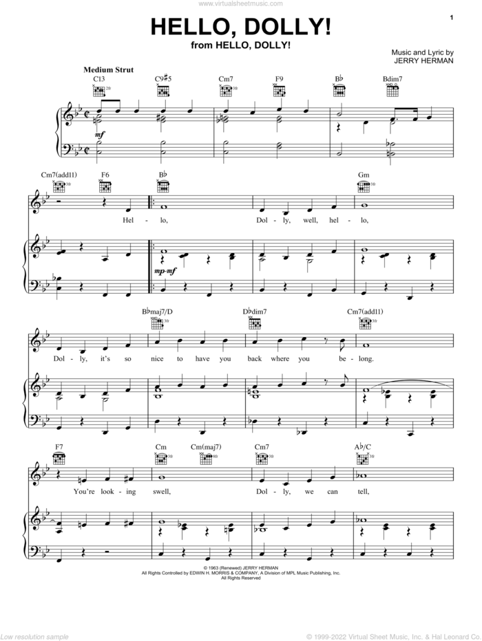 Hello, Dolly! sheet music for voice, piano or guitar by Louis Armstrong, Bobby Darin, Hello, Dolly! (Musical) and Jerry Herman, intermediate skill level