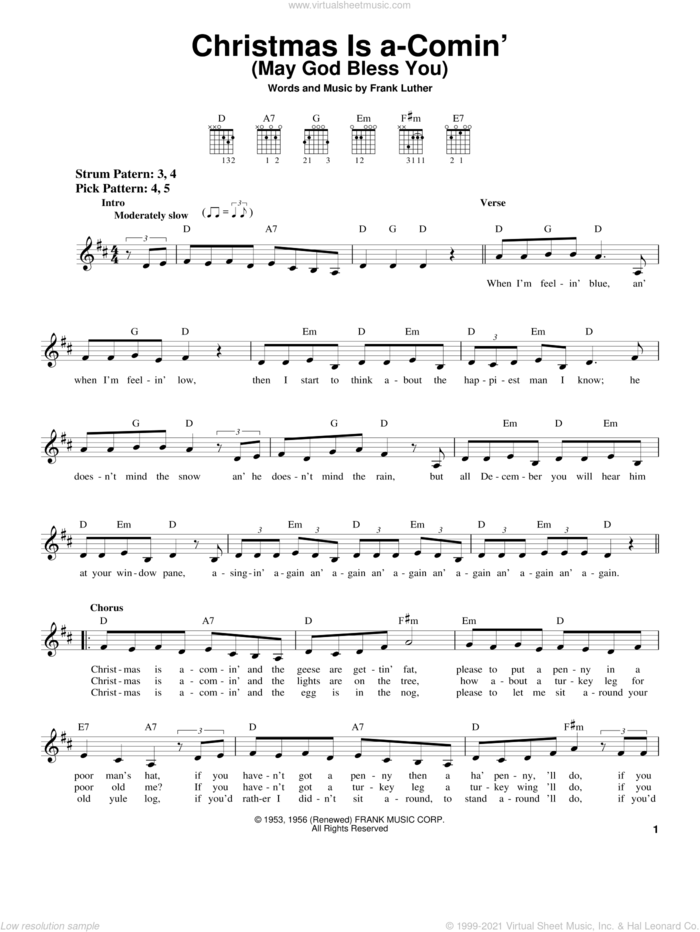 Christmas Is A-Comin' (May God Bless You) sheet music for guitar solo (chords) by Frank Luther, easy guitar (chords)