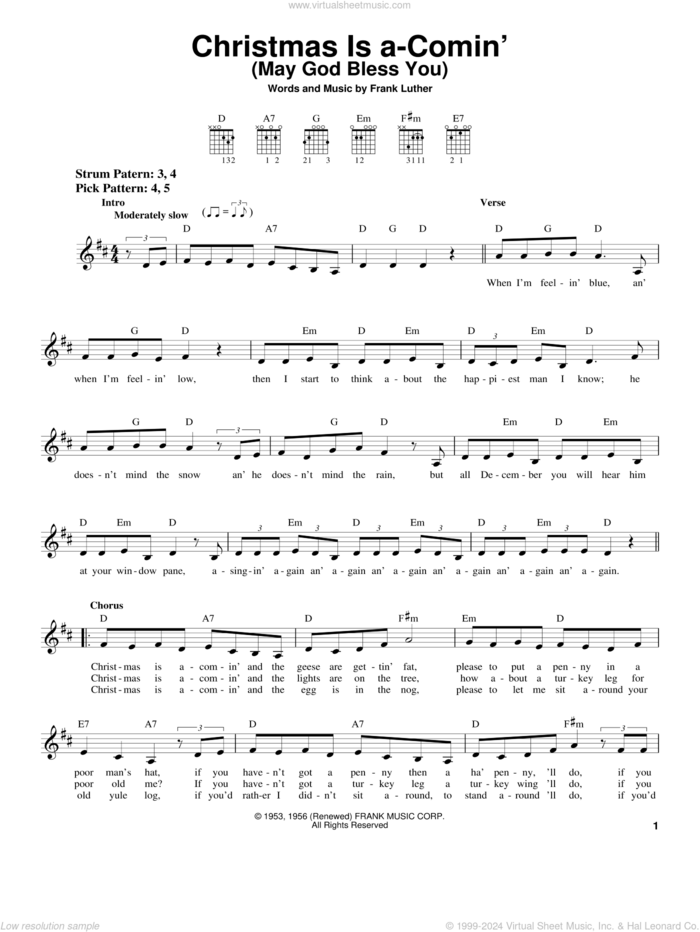 Christmas Is A-Comin' (May God Bless You) sheet music for guitar solo (chords) by Frank Luther, easy guitar (chords)