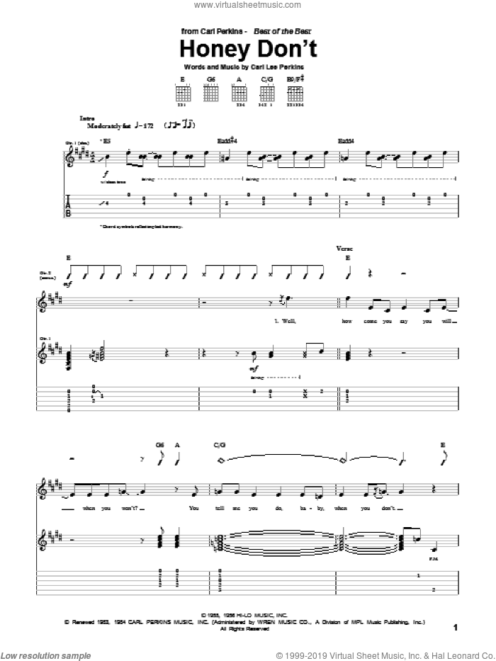 Honey Don't sheet music for guitar (tablature) by Carl Perkins and The Beatles, intermediate skill level